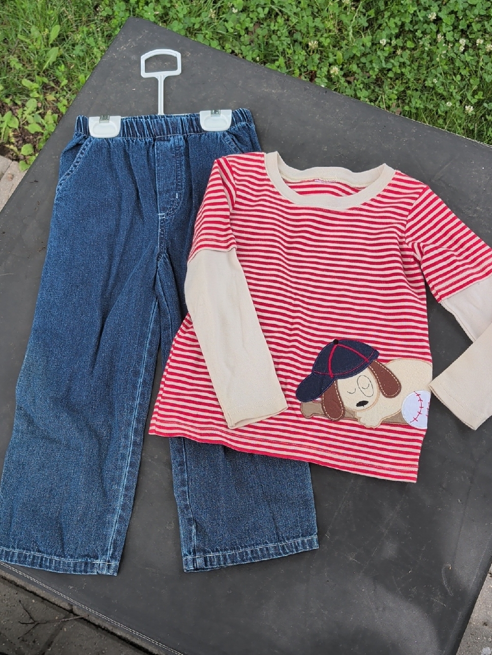 Red & Cream Striped Puppy Top with Blue Jeans - Kids Set